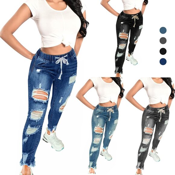 Women High Waist Skinny Stretch Ripped Jeans Plus Size Dark Blue - Picture 4 of 4